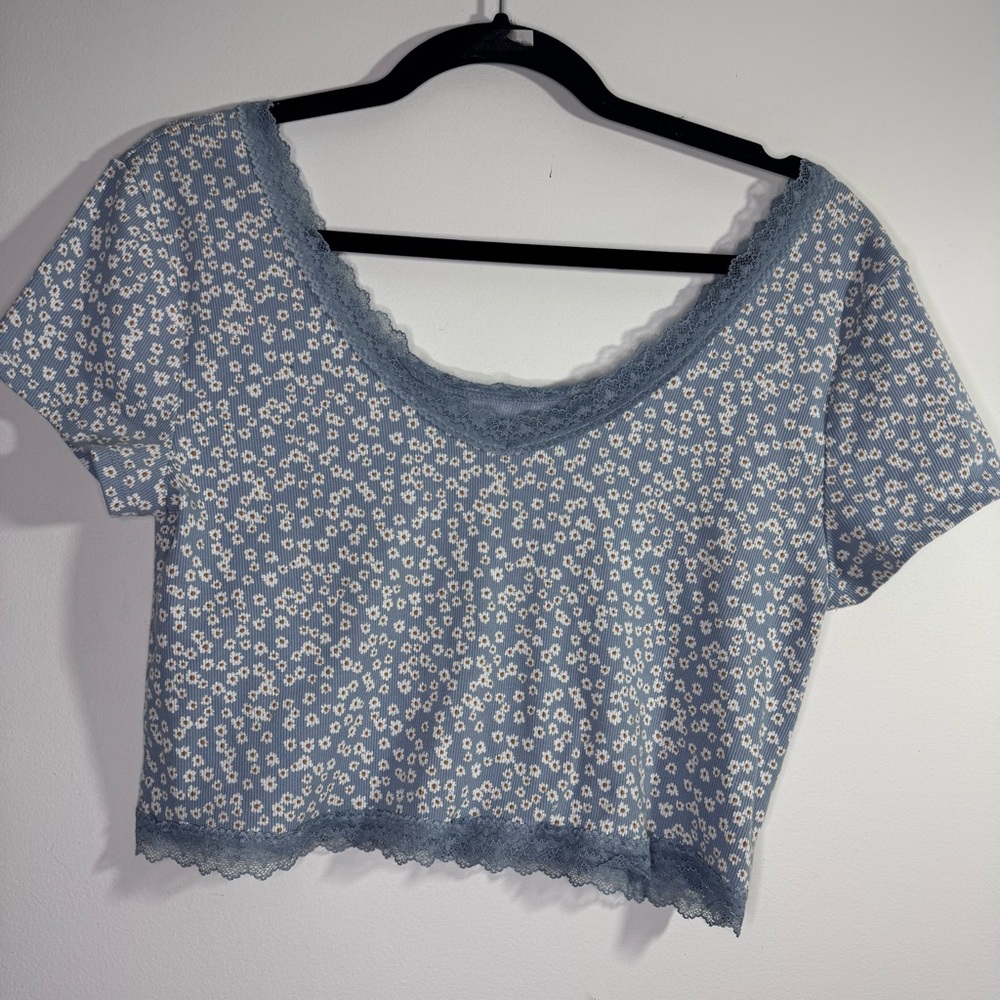 Aeropostale Blue Floral Lace Trim Crop Top XL Cottagecore Baby Tee